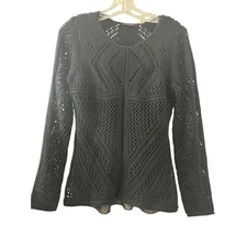 Dex Black Crochet Knit Sheer Hem Tunic Sweater Top Women's M