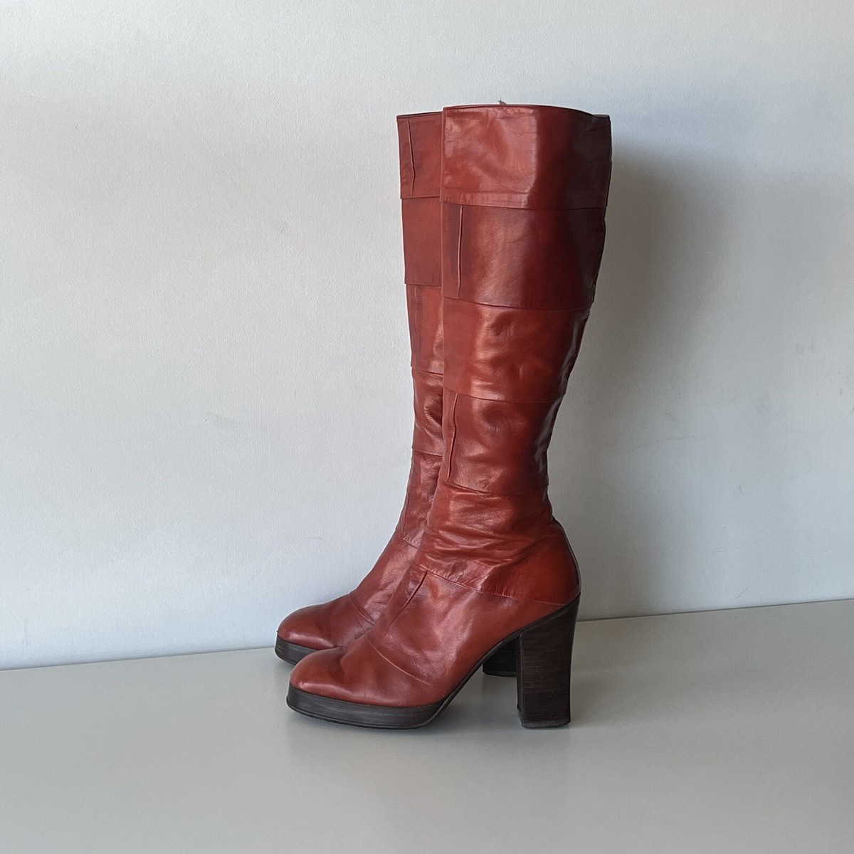 1970's Vintage Lambskin Patchwork Red Leather Knee High