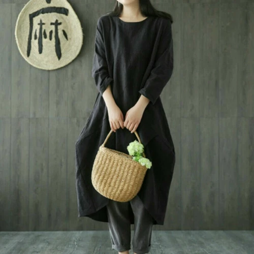 Women Linen Cotton Midi Dress Loose Baggy Long Sleeve Plain Vintage Casual M-5XL - Picture 4 of 14