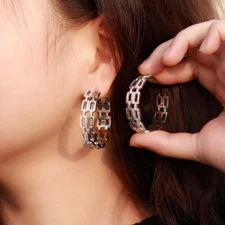 Sparkling CZ Cuban Link Circle Hoop Earring for Women Costume White Gold Jewelry