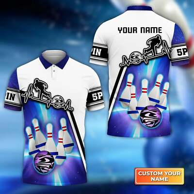 Blue Bowling 5 Pins Personalized Name 3D Polo Shirt for Men, Gift For Bowler_804