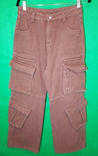 Women's Baggy Cargo Pockets WideLeg Denim Jeans Streetwear Brown Size XL Y2K