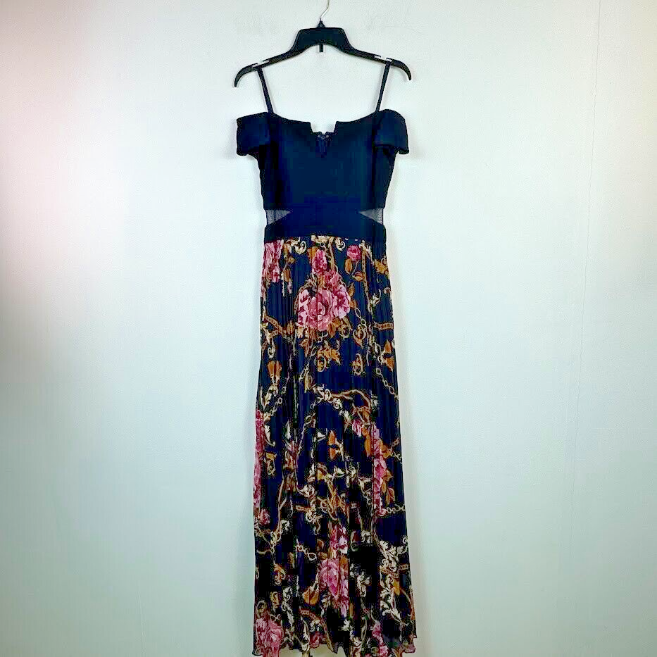 xscape navy and gold dress Xscape Womens 4 Navy Blue Gold Pink Off The Shoulder Long Dress RETAG AJ61