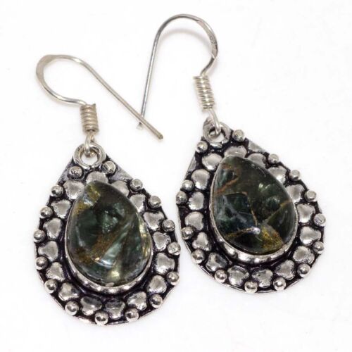 Copper Seraphinite 925 Silver Plated Gemstone Earrings 1.5" Ethnic Gift AU A793 - Photo 1/3