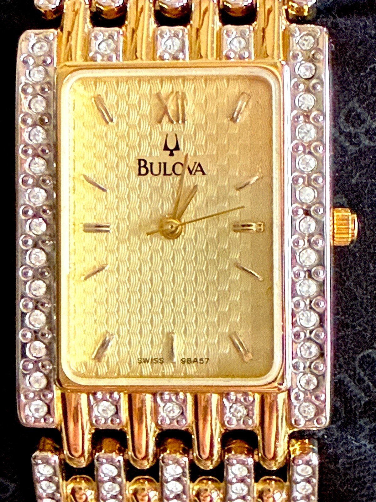 BULOVA Mens Quartz Gold Rectangular Watch Genuine Austrian Crystal ...