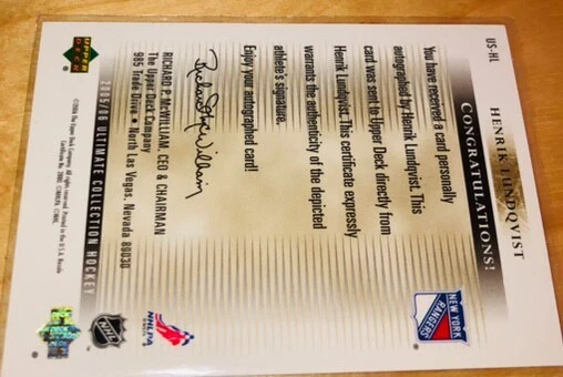 Henrik Lundqvist 2005-06 Upper Deck Ultimate Signatures Signed Rookie Card Auto - Image 2 of 2