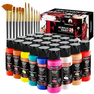 BESUCHE DEN FANTASTORY-STORE Fantastory Acrylfarben Set 24x 60ml,12 Pinsel;Exzellente Deckkraft,hohe
