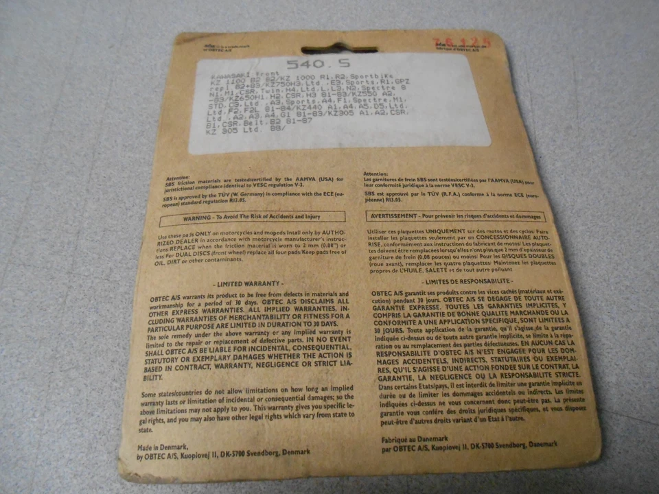 Juego de pastillas de freno delanteras NOS SBS para: Kawasaki 1982 KZ1000 82-83 KZ750 540HF Foto 2 de 3