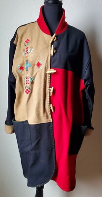 VALENCIA Wool Toggle Coat Jacket Sz M EUC Vintage Black Red Brown 1970s Women