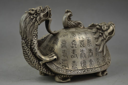 Vintage Old Handwork Tibet Silver Carved Dragon Phoenix Tortoise Tea Pot - Picture 5 of 5