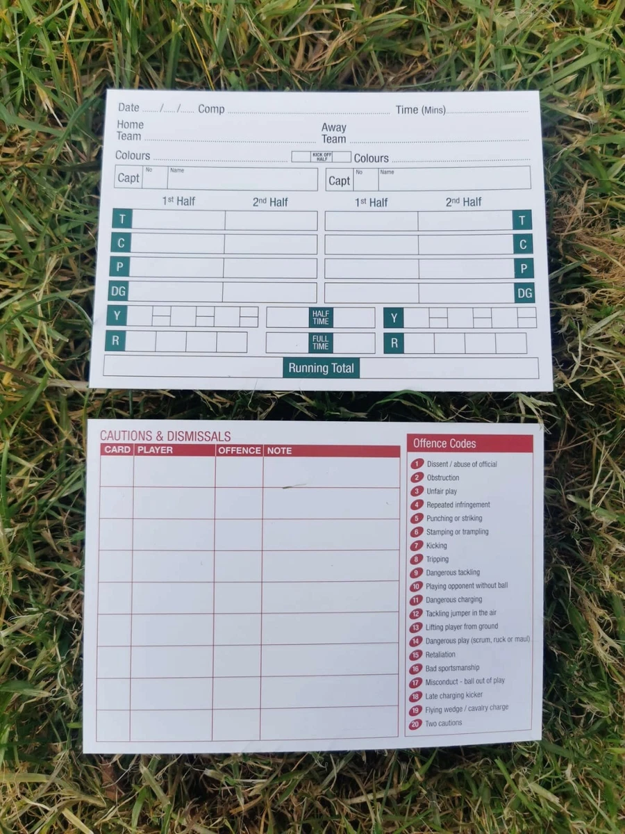 Rugby Referee Score Cards Cautions Dismissals Match Notes Double Sided