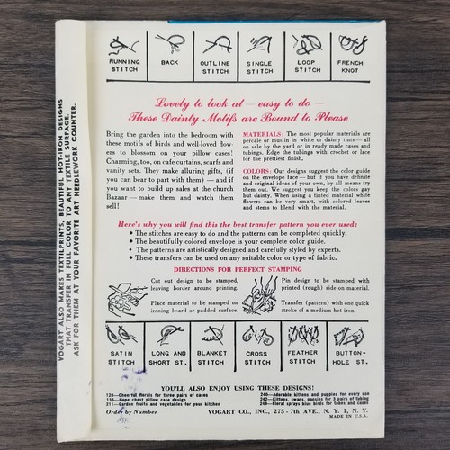 Vintage 1950er Jahre VOGART Stickerei ungeschnittenes Transfermuster 627 Bluebirds Kissenbezüge - Bild 9 von 15
