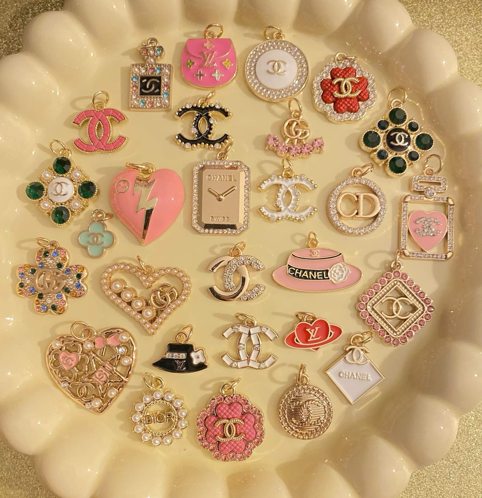 Lot Of 28 Louis Vuitton, Dior, Gucci Zipper Pull Button Charms