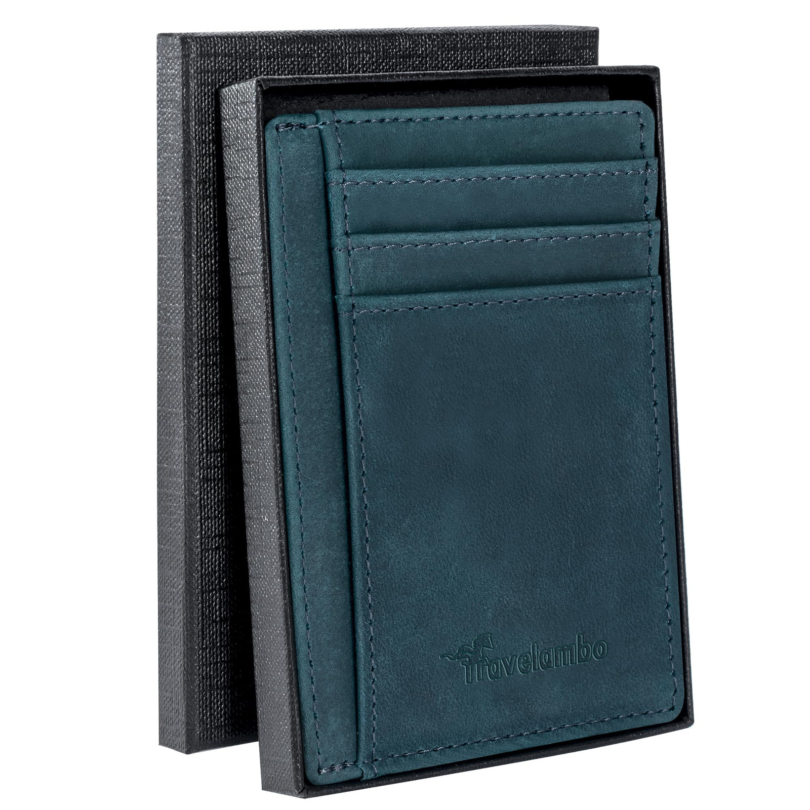 Travelambo Unisex Crazy Horse Blue RFID Blocking Leather Wallet-image