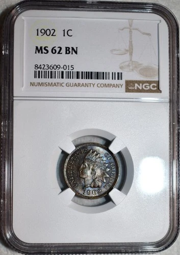 NGC MS-62 BN 1902 Indian Head Cent, Beautifully Toned, PQ specimen.