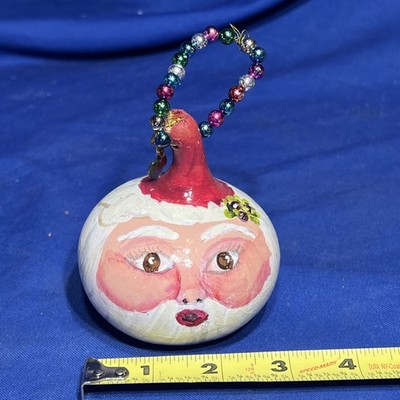 2003 Hand Painted Gourd Santa Claus Artist Signed R Phillips Christmas W/ Beads