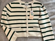 Scotch  Soda Cardigan Women Pine Green White Stripe Button Sweater Preppy L