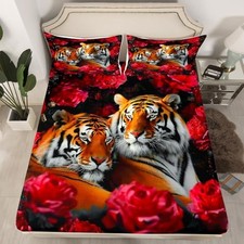 Kids Fitted Sheet Full Size,Red Roses Flowers FULL W54 L75 H16" Tiger