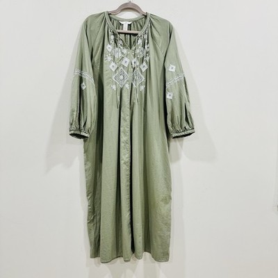H&M Cotton Embroidered Midi Dress Khaki Green Kaftan Sz XL Boho Coastal |  eBay