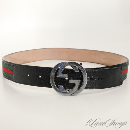 Gucci Made in Italy 114984 Black Red Green Web Stripe Monogram Belt 38 #1I4984