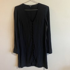 MADEWELL XSmall Black Viscose Button Front Knee Length Dress, Long Sleeves