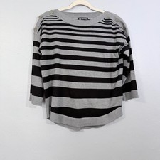 Black Striped Knit Pullover Sweater with Button Shoulder Detail Size M