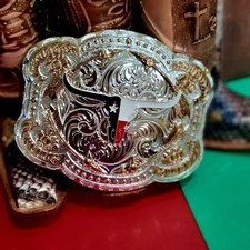 Longhorn Western belt Buckle Texas Style Rose Tone Silver  4.5 x 3.5 " Cowboy