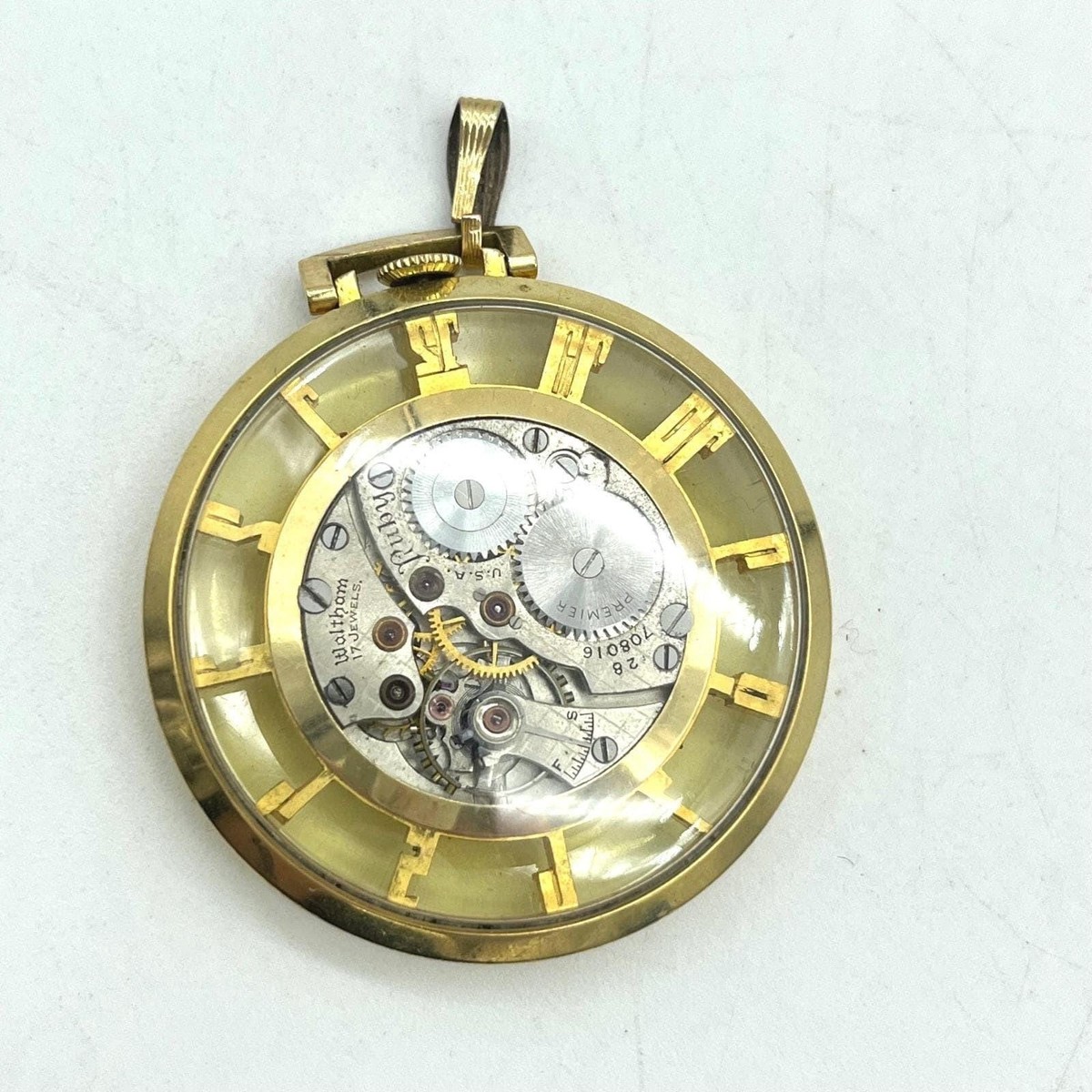 Rare Waltham 14k Gold Filled Skeleton Pendant Pocket Watch Mechanical‎ Movement Antique 1919 Waltham Decorated With 14k Solid Gold 12s  main image 2