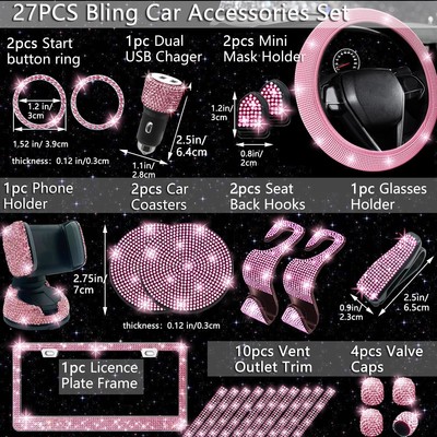 Auto accessoires interieur vrouwen glitter, auto decoratie interieur vrouwen, auto stuurhoes, onderzetter, ventieldoppen, veiligheidsgordelkussen, mobiele telefoonhouder, zakdoekbox, ganghendel