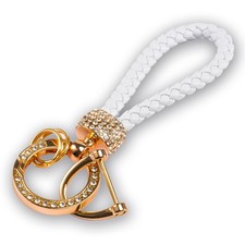 Bling Rhinestone Car Keychain, Woven Leather, 360 Degree Rotatable, Universal