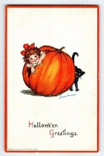 Vintage 1913 Halloween Postcard by Frances Brundage Pumpkin & Black Cat