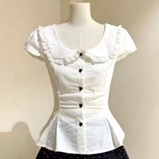 Camicia Blusa Donna in Cotone Bianco con Balze Bottoni Cuore Manica Corta