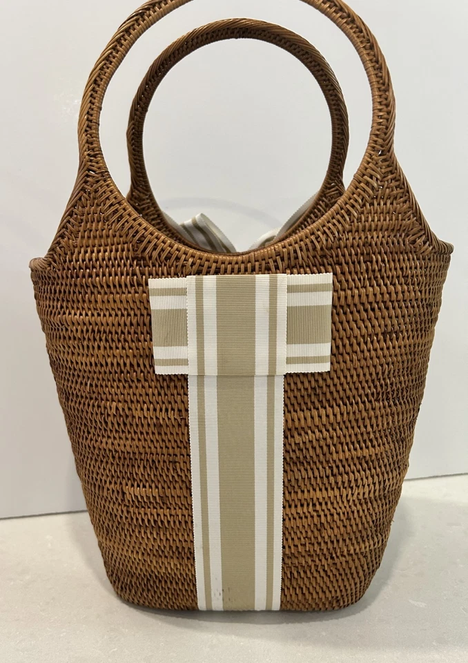 Raro Bolso Cubo Vintage Bosom Buddy Tejido a Mano Paja Beige Blanco Cinta a Rayas Foto 4 de 4