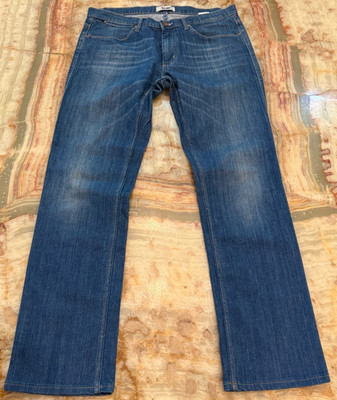 Acne Mens Straight Leg Jeans Blue Denim Whiskered 5 Pocket Size 36x34