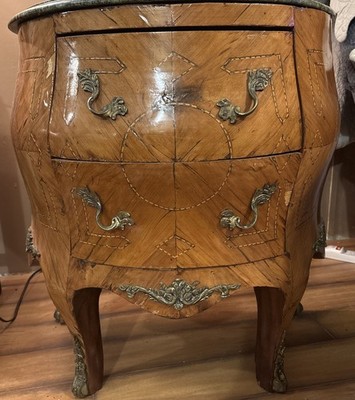 Antique French Louis XVI Style Marble Top Parquetry Bombe Two Drawer Chest