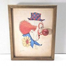 Vintage John Boden Clown Print Music Box Portrait 1970's 3D Wind Up Nose RARE! 