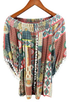 SOFT-Surroundings Boho Top Multi Patchwork Print Flare-Sleeve with Fringe Size L