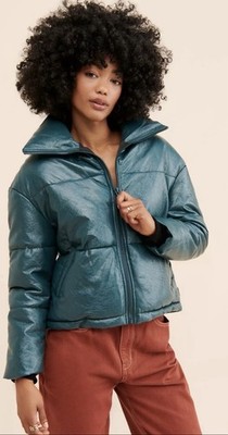 Anthro Nuuly Apparis Billie Crinkle Vegan Leather Puffer Teal Green Jacket S EUC