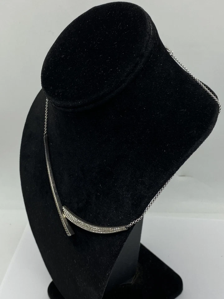 Sterling Silver Clear Crystal & Marcasite Curved Bar Pendant Necklace 14.4 - Image 2 of 4