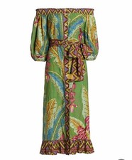 FARM RIO Anthropologie Leaf Off-The-Shoulder Linen Blend Midi Dress XS NWT $235