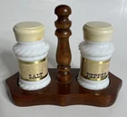 Milk Glass Salt & Pepper Shakers with Wooden Stand/Caddy Vintage