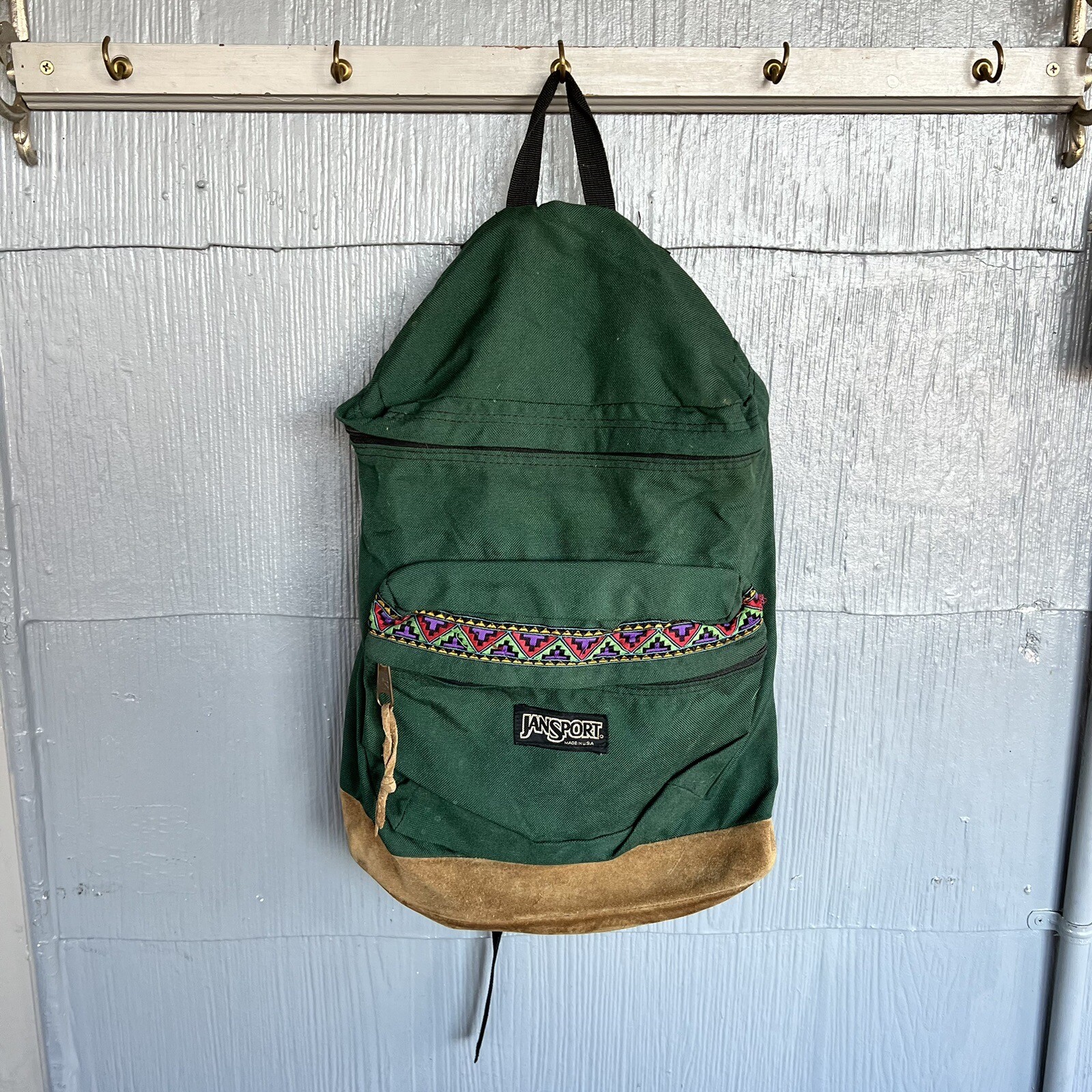 Vintage 90s Jansport Aztec Southwest Backpack Green Leather Made In USA