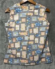 VTG 70's Sleeveless Shirt Back Zipper Fitted Blue Pink Floral Large