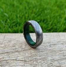 Custom Handmade Damascus Steel Ring Beautiful Hand Forged Wood inlay Ring Band