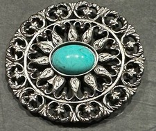 Turquoise Round Belt Buckle Silver Tone Metal - Southwestern Style - 3  