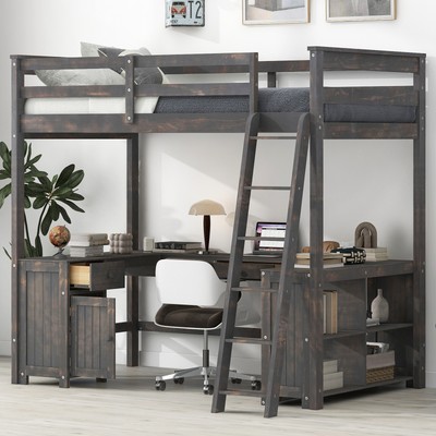 Loft Bed with U Shaped Desk Storage Shelves and Drawers Antique Brown