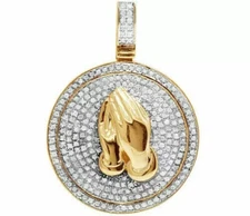 0.75 Ct Diamond Praying Hand Medallion Pendant Charm 14K Yellow Gold Finish