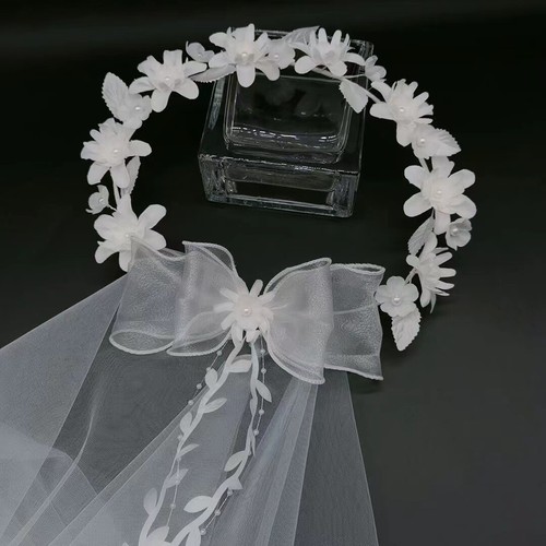 White Bridal Wreath Veils Headdress Petals Bow Vine Pearl Party Wedding Veils - Picture 2 of 8