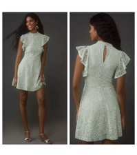 NEW ANTHROPOLOGIE MAEVE dress fit flare mini lace mock neck flutter mint LARGE