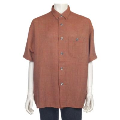 SIGNUM Shirt Short Sleeve Sz. L Plaid Cotton Blend Woven Orange Stiches